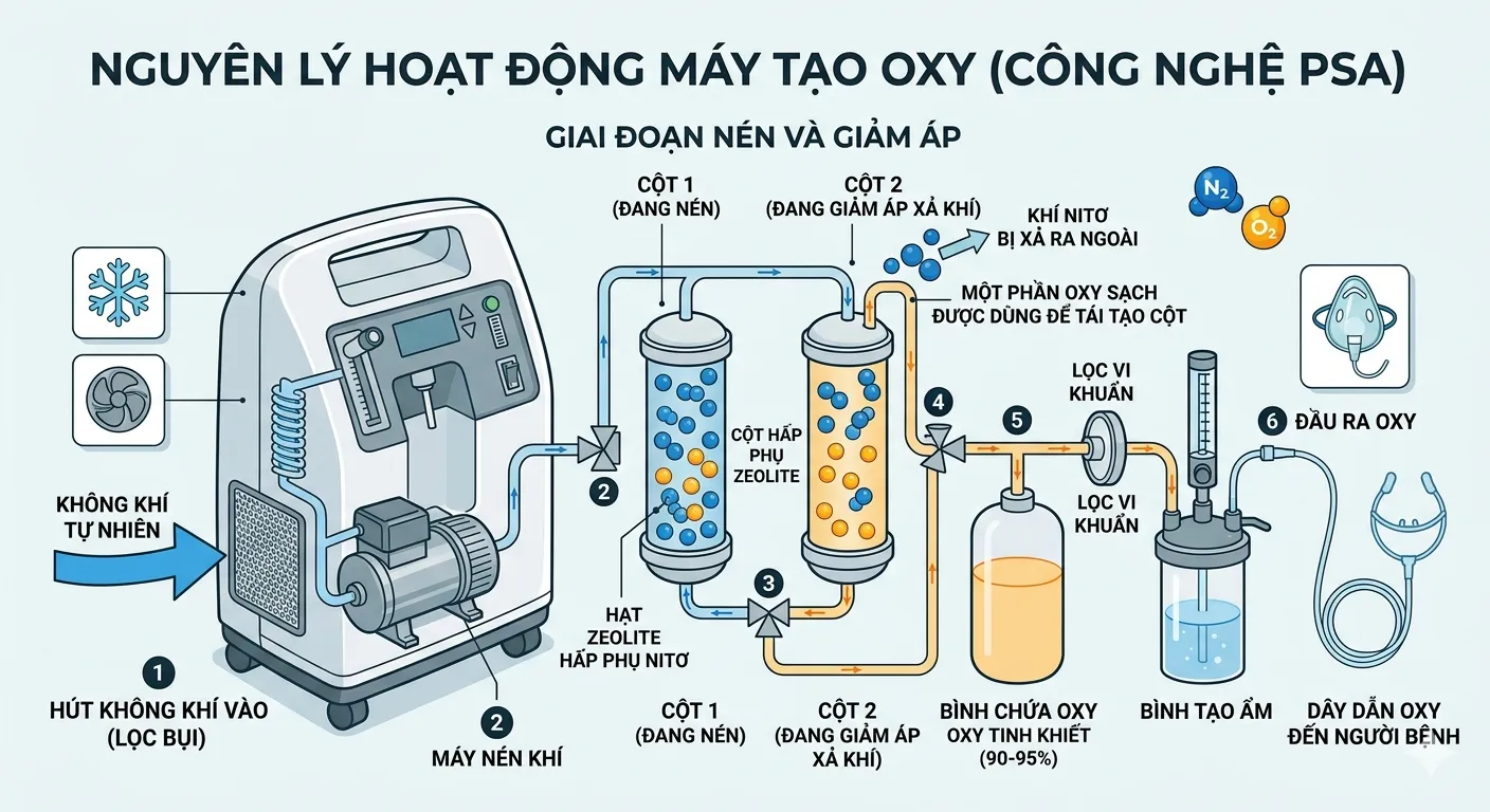 Hỗ Trợ Tư Vấn Chọn Máy Tạo Oxy Miễn Phí: Nên Chọn 3L, 5L Hay 10L? Nguyen ly hoat dong cua may tao